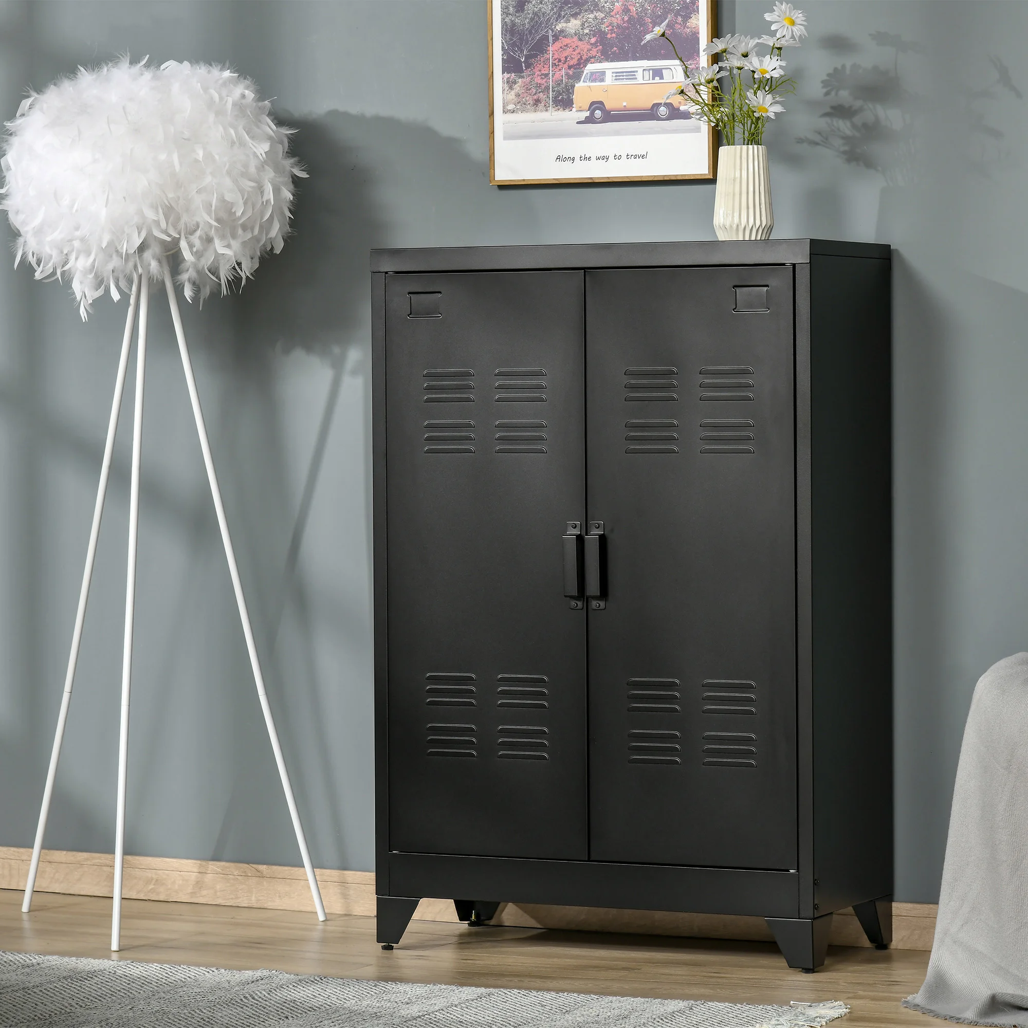 2-Tier Steel Storage Cabinet w/ 2 Adjustable Shelves for Office Garage, Black