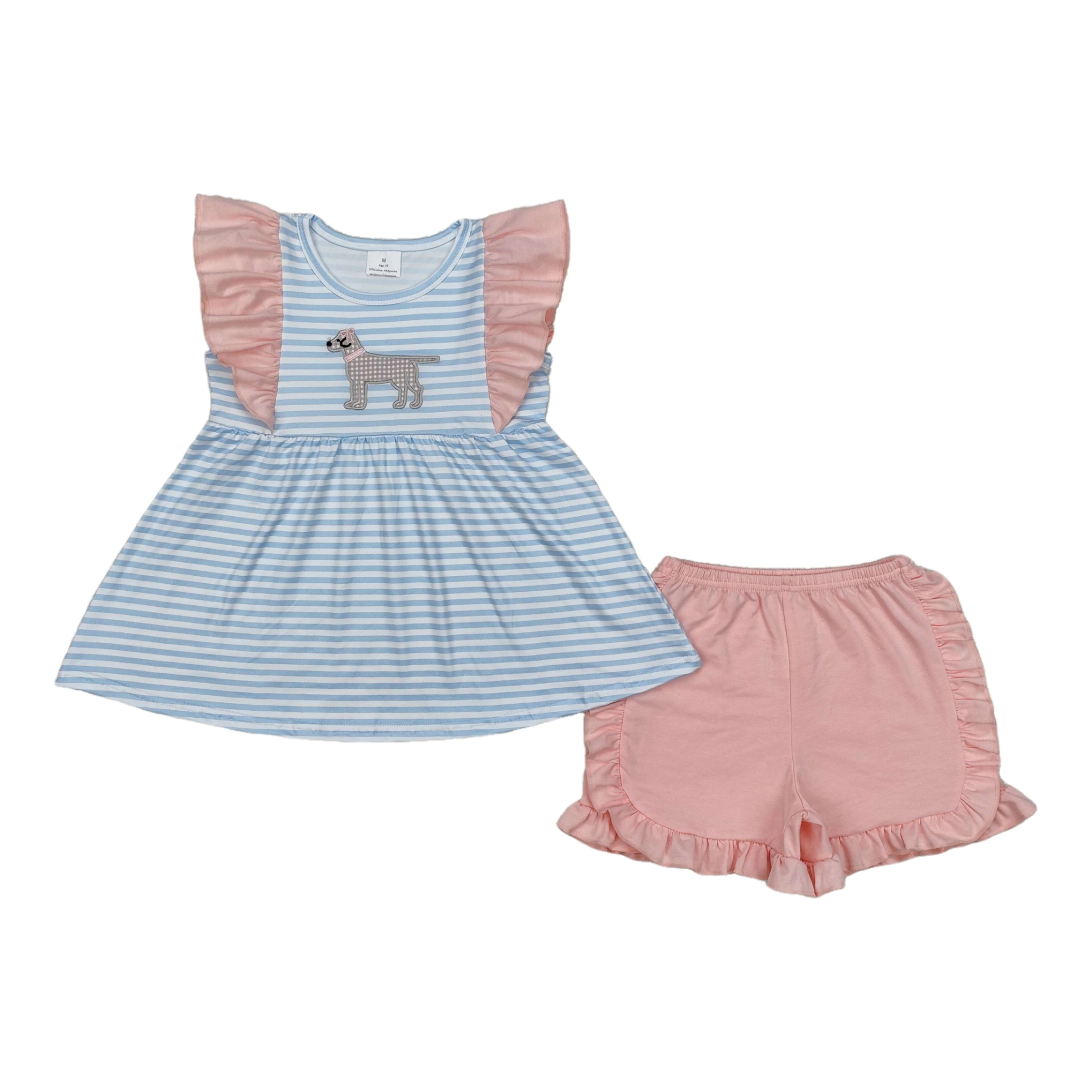 

Wholesale Infant Embroidery Outfit Children Summer Short Sleeves Dog Tunic Tops Toddler Kids Ruffle Cotton Shorts Baby Girl Set