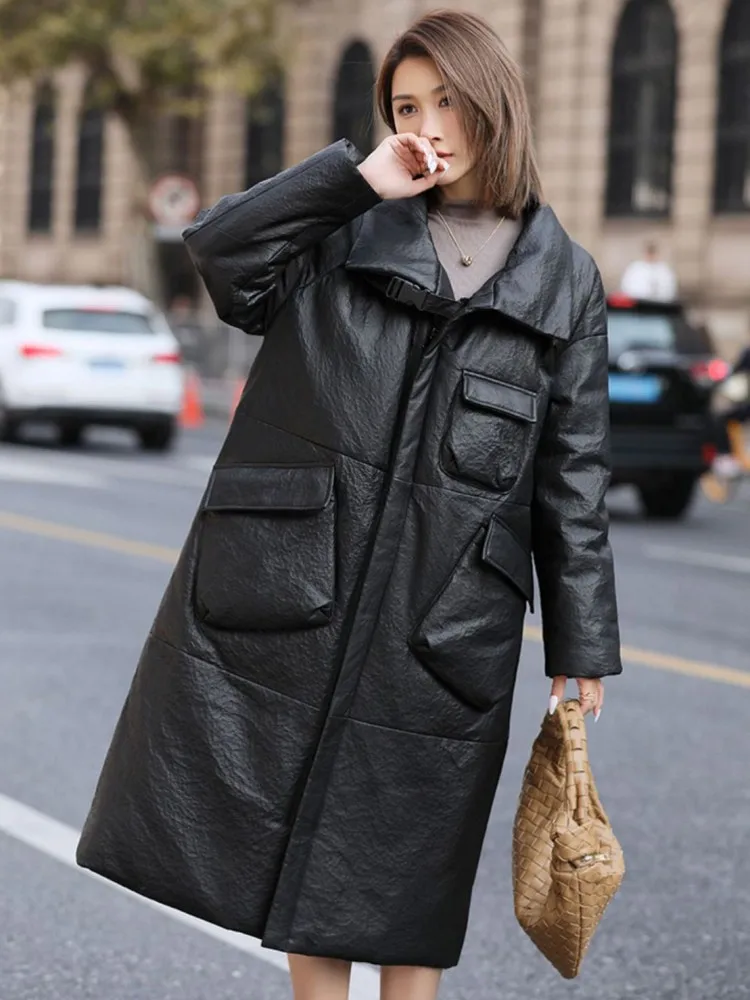 Winter Women Genuine Leather Down Jacket Thick Warm Long Overcoat Pockets Female Natural Sheepskin Loose Fit Windproof Trench