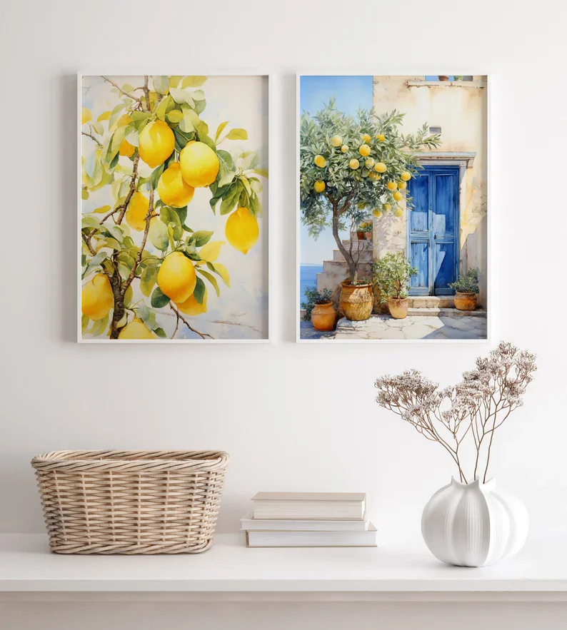 Retro Mediterranean Greece Italian Lemon Olive Tree Landscape Poster Canvas Painting Wall Art Pictures Home Interior Decor