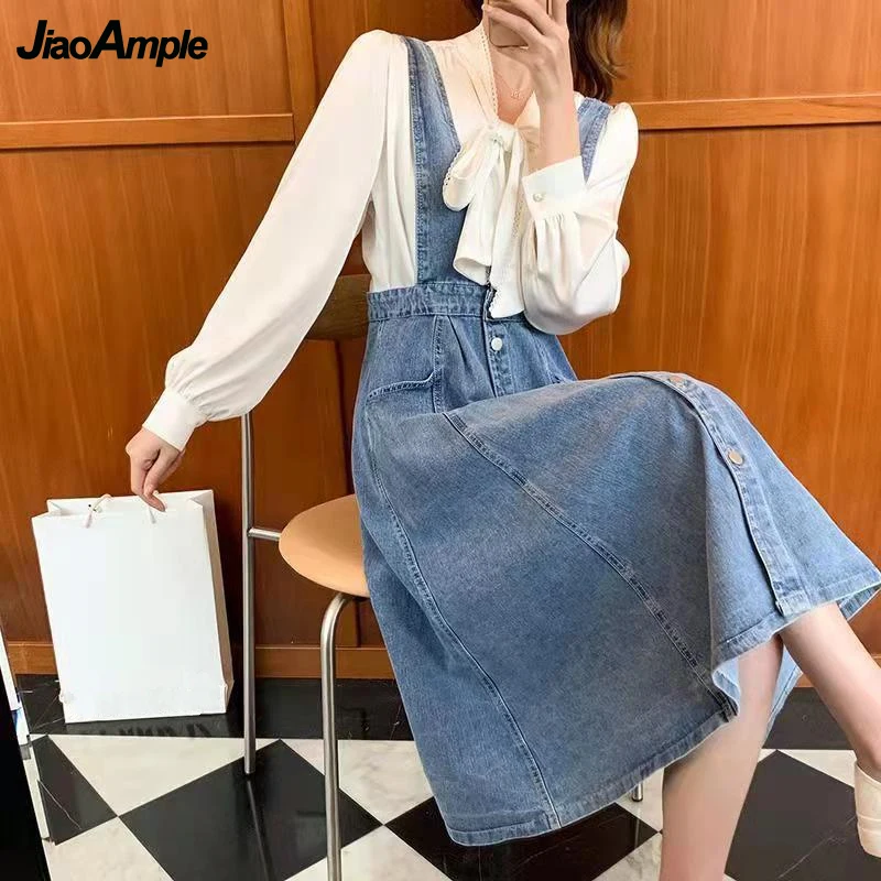 Women\'s Sweet Casual Two Pieces Dress Set 2022 Lady Graceful Peter Pan Collar White Shirt+Denim Overalls Skirts Suit Student