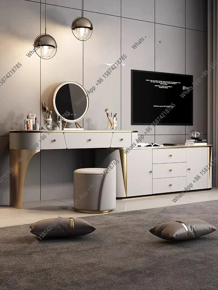 Mn High-end Atmosphere Light Luxury Multi-functional Bedside Desk TV Cabinet Integrated Dresser Bedroom Solid Wood Rock Slab