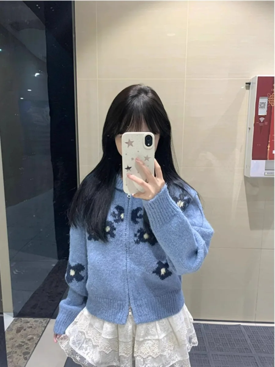 Chaqueta de Punto con Cremallera y Estampado Floral Azul Estilo Coreano Retro para Mujer, Cárdigan de Punto Ajustado de Otoño...