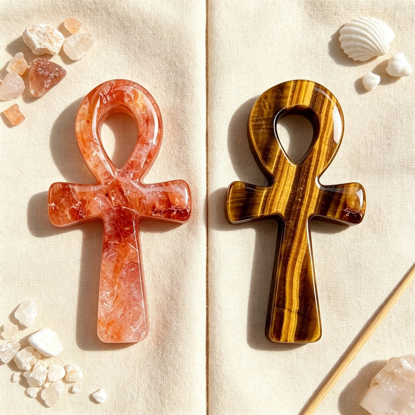 Natural Fire Quartz&tiger eye Ankh Hand Carved Egyptian Symbol,Tabletop Decor