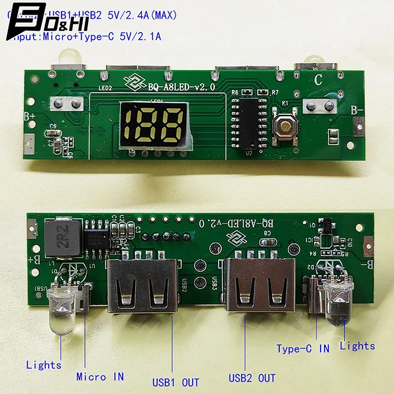 1Pcs 5V 2A Digital Display Power Bank Circuit Strip Module TYPE-C Micro USB A8188Mobile Power Motherboard