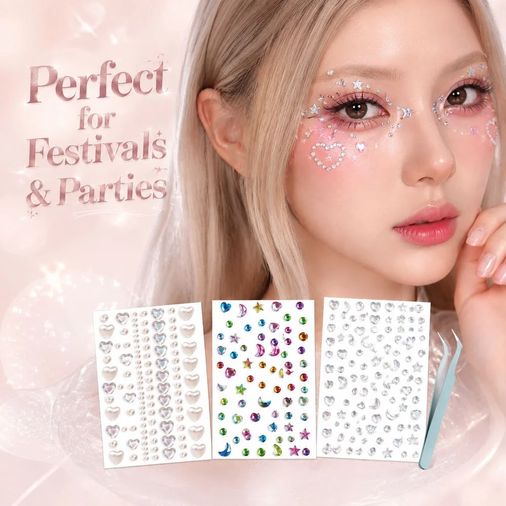 3Pcs/Set Festival Rave Face Jewels Moon Star Heart Shape Self‑Adhesive Shiny Crystal Stickers For Eye And Body Art Decoration