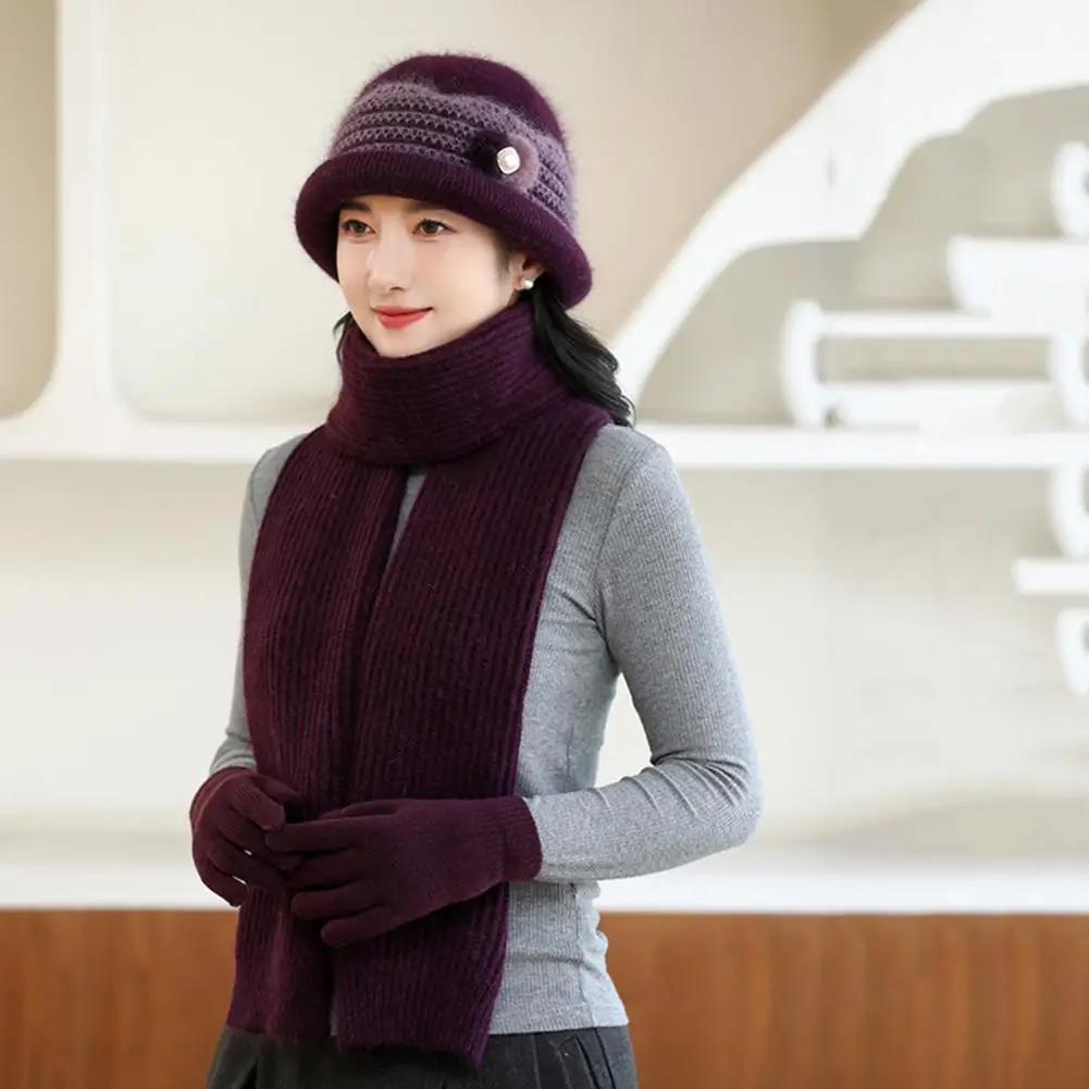 Thermal Lined Hat Warm Winter Beanie Scarf Gloves Set for Mid-aged Women Thick Knitted Cap Windproof Gloves Neck for Outdoor