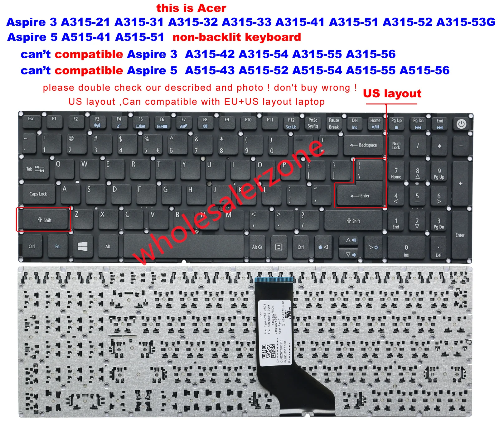 Teclado para Acer A315-21 A315-21G A315-31 A315-32 A315-33 A315-41 A315-41G A315-51 A315-51G A315-52 A315-52G A315-53 A315-53G