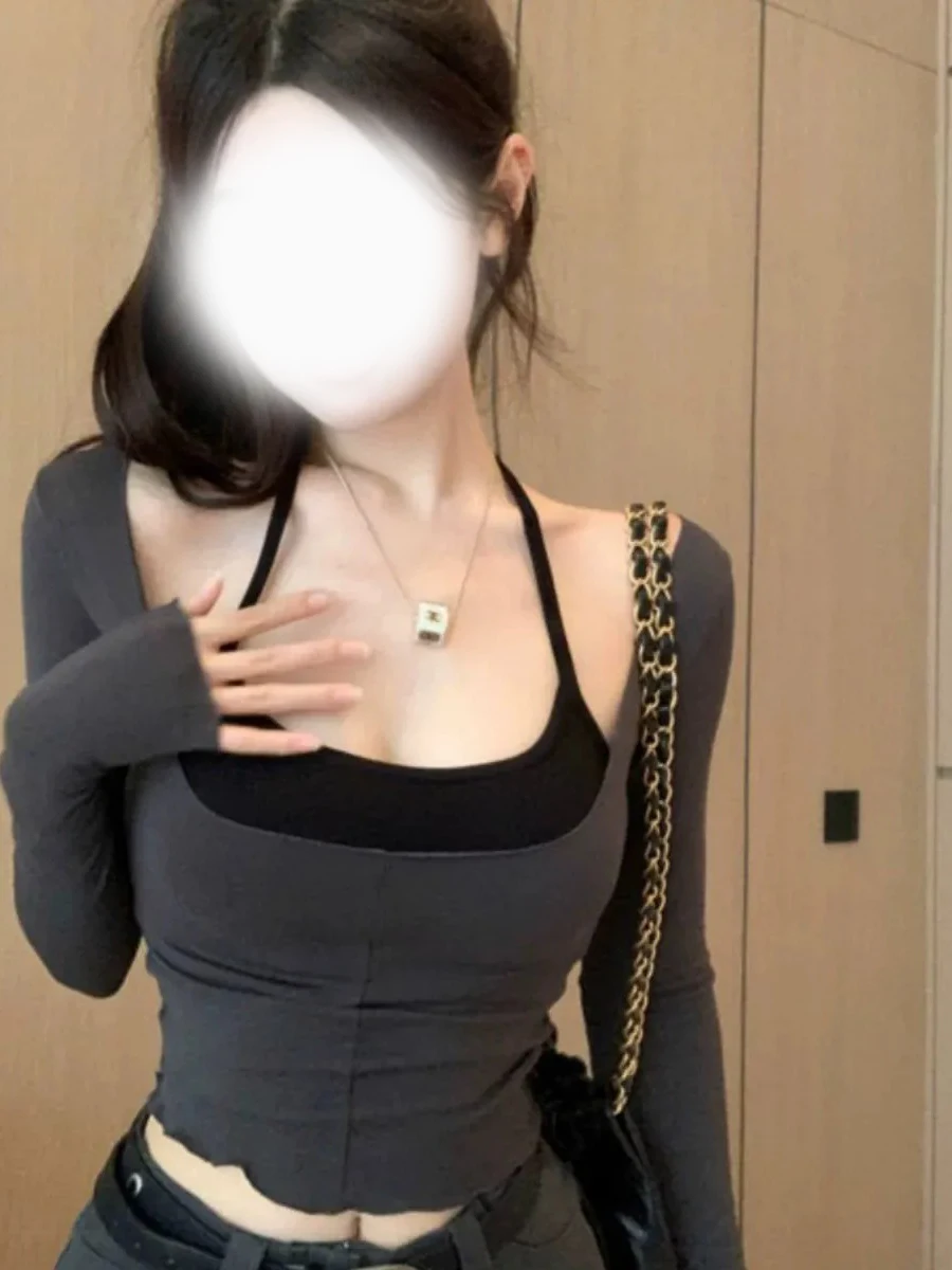 Slim Fit Long Sleeve Sun Protection T-Shirt Women's Sexy Neck Hanging Top Two Piece Set Commute Style Korean Version Short Le...