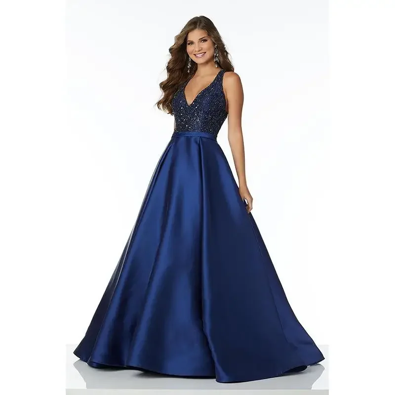 

2025 Spring/Summer Evening Dress Deep V-neck Bareback Sexy Tail Deep Blue Exquisite Nail Bead Noble Dress Banquet Host Dress