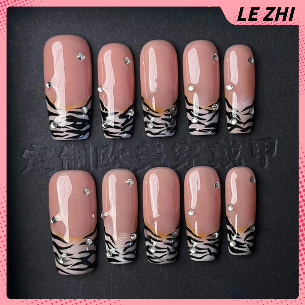 10Pcs Spice Girls Handmade Long Coffin Almond Reusable Fake Nail Y2K Zebra Print Diamond Bowknot Flowers Design Press On Nail