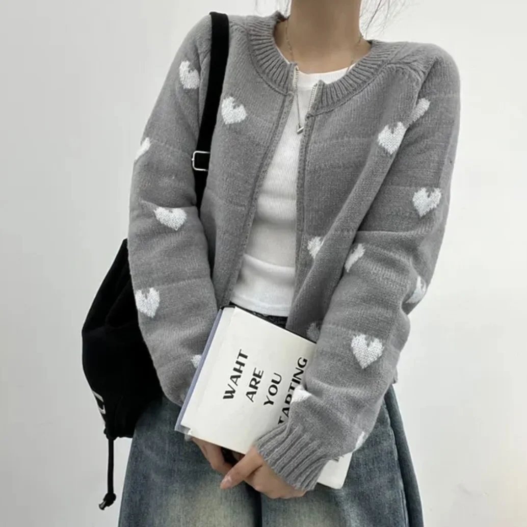 여성용 니트 지퍼 스웨터 자켓 젠틀 슬레 하트 패턴 가을 겨울 패션 다용도 소프트 디자인 센스 탑