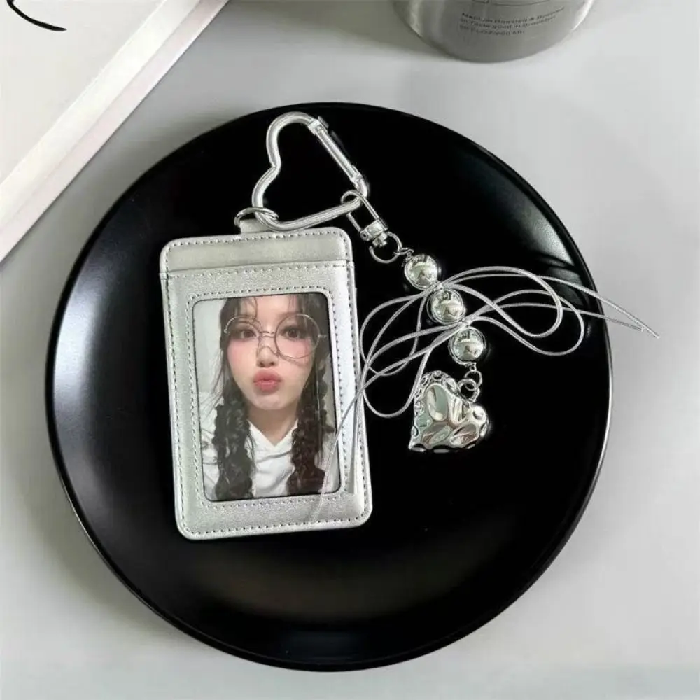 Kawaii Leather Card Holder Silver Ins Ribbon Kpop Photocard Holder Love Bead Pendant Photo Display Holder Elevator Card