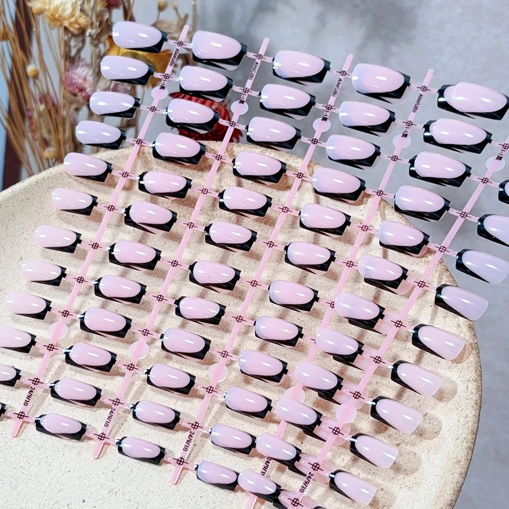 120 Uds. Uñas postizas de punta francesa con borde negro brillante, 12 tamaños, longitud media, prensa cuadrada en uñas, acabado de cobertura completa brillante, punta de uñas falsa