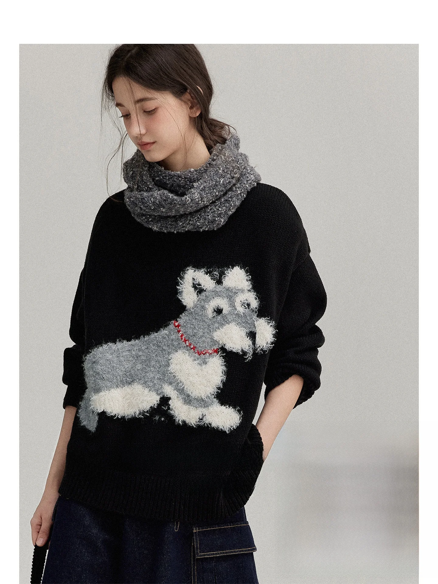 

Мягкий свитер из хлопковой смеси с цветными блоками для женщин, с 3D-вышивкой собаки, в ретро-стиле, с длинными рукавами, круглым вырезом, свободного кроя, для осени