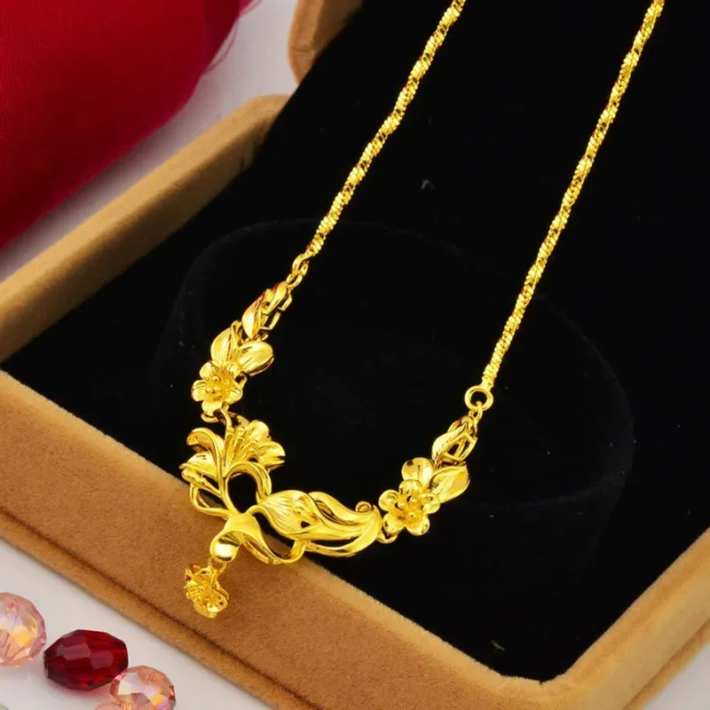 24K Yellow Gold Tulip Rose Flower One Necklace, 9999 Real Gold Flower Pendant Fashion Jewelry Wedding Mother Birthday Gift