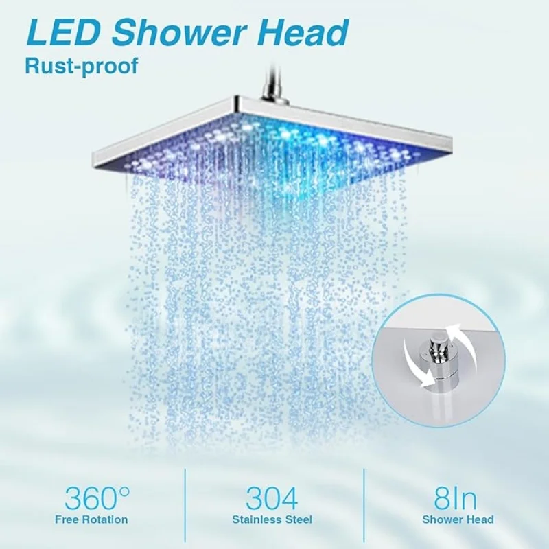

8-дюймовая квадратная насадка для душа со светодиодной подсветкой, 7 цветов, меняющая цвет для ванной комнаты, насадка для душа с дождевой насадкой, дождевой душ высокого давления