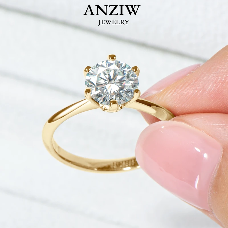 Anziw 3.0CT Moissanite Solitaire Ring Yellow Gold Plated 2CT Zaręczynowa obrączka ślubna 925 Silver Certyfikowana biżuteria dla kobiet