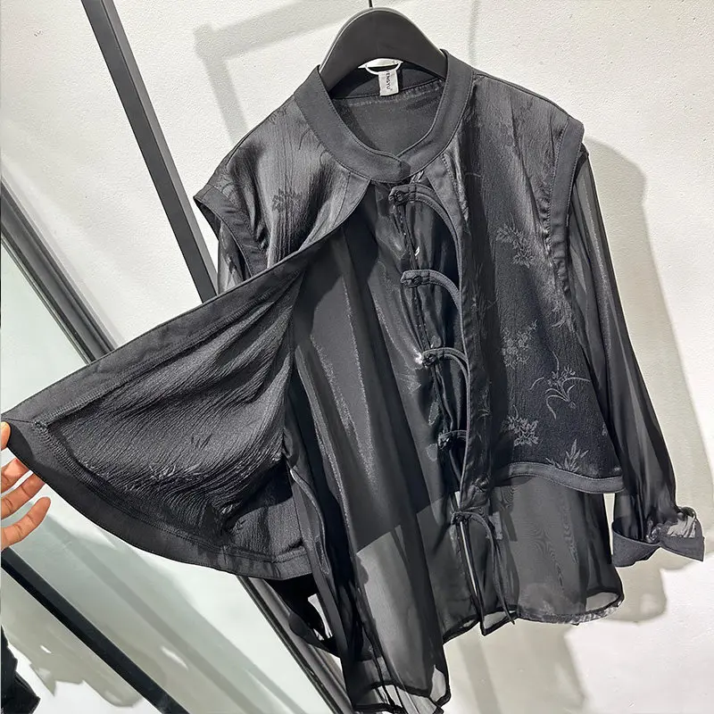 Designer Design Personality Fake Two-Piece Hollow-out Loose Stand Collar Long Sleeve Shirt High-Grade Dark Style Avant-Garde Top