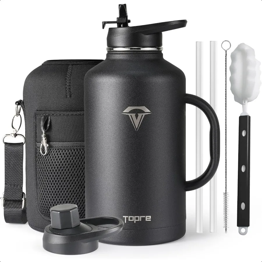 

Half Gallon Water Bottle with Straw and Lid 64 oz Insulated Stainl Steel Jug with Handle Reusable Metal Travel Flask Mug Cup Wi