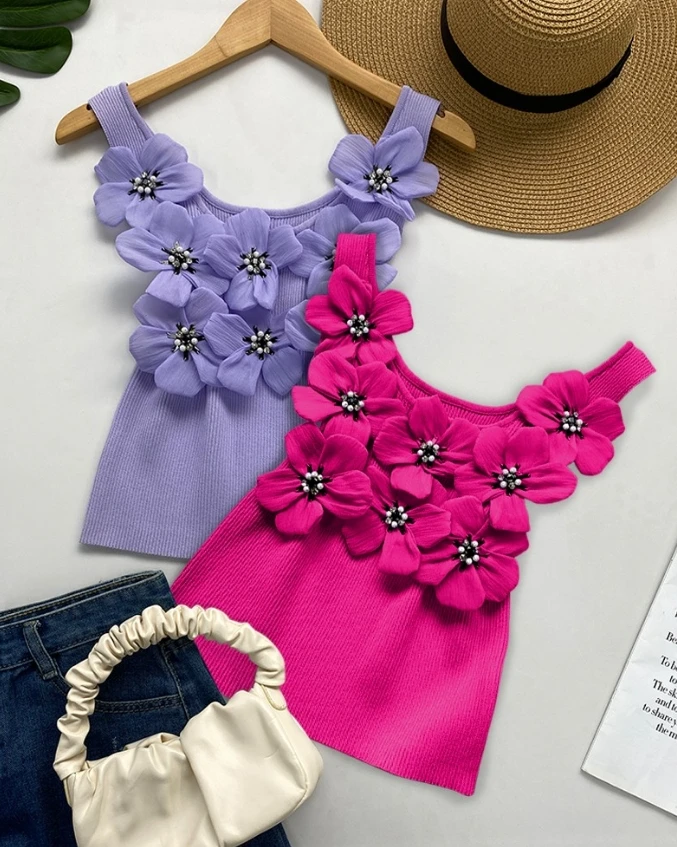 Fashion Summer Dresses 2024 Floral Pattern Beaded Knit Tank Top Fashionable Suspender Pit Strap Chest Strap Basic Tank Top