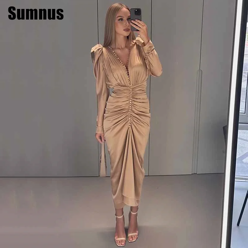 

Sumnus Simple Mermaid Prom Gowns V-Neck Long Sleeves Tea Length Pleats Buttons Party Dresses فساتين سهرة Customized