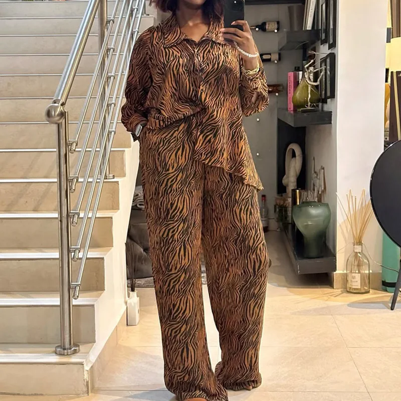 Africano verão nova moda feminina zebra impresso casual na moda solta 2 peça define turn-down colarinho manga longa calças vintage