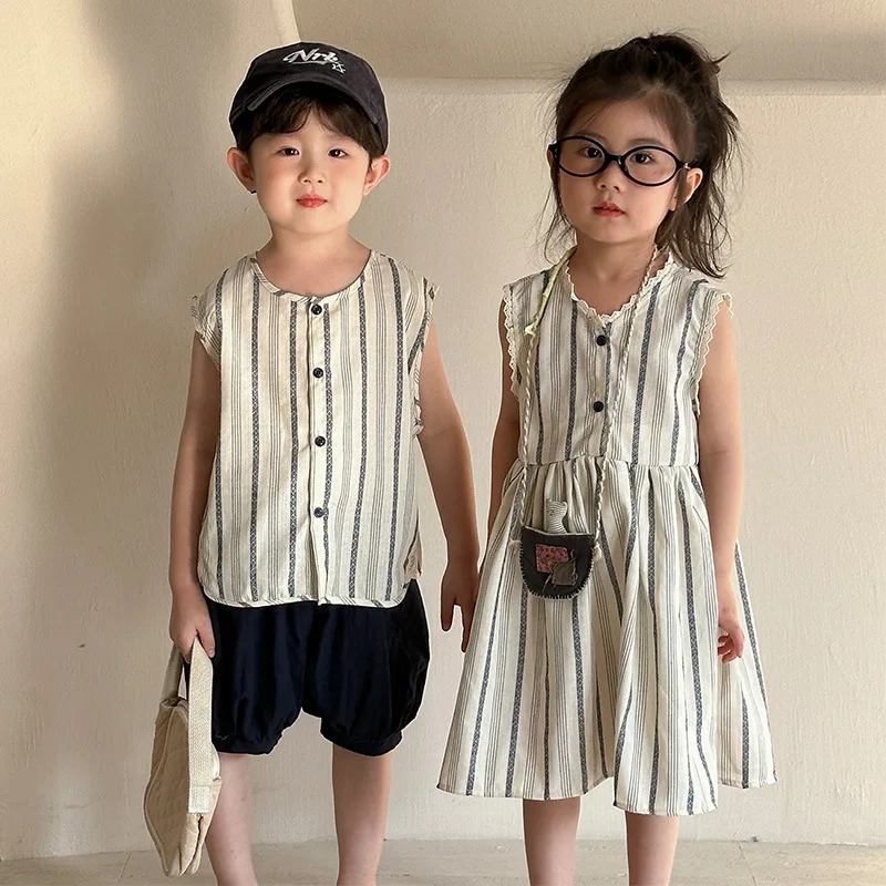 5081 Children's Clothes 2025 Summer New Brother Sister Clothes Stripe Boy's Suit Or Casual Baby Girl Dress