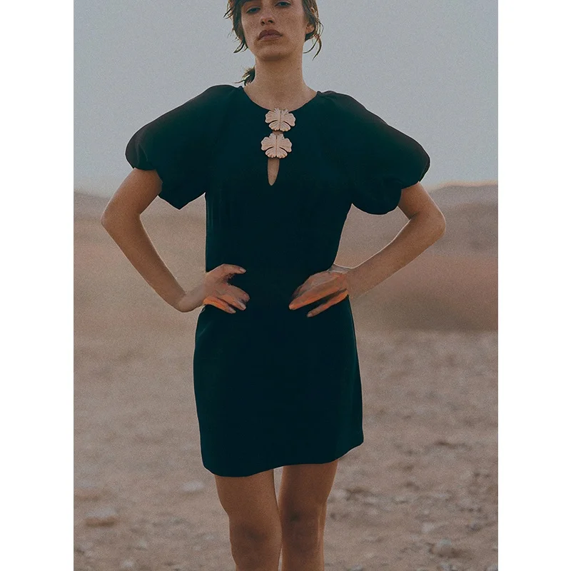 Frühling Sommer Neue Damen runde Ne Lantern Sve Floral verziert Dr Hohe Taille A-Linie Bubble Sve ort Sve Dr