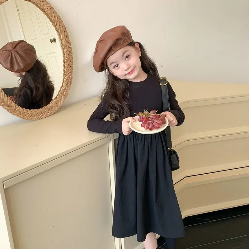 UNITIM Children Girl Long Sleeve Dress Solid 4-14Yrs Kids Girls Skinny Dress Junior Girls Round Collar Teens Girl Princess Dress