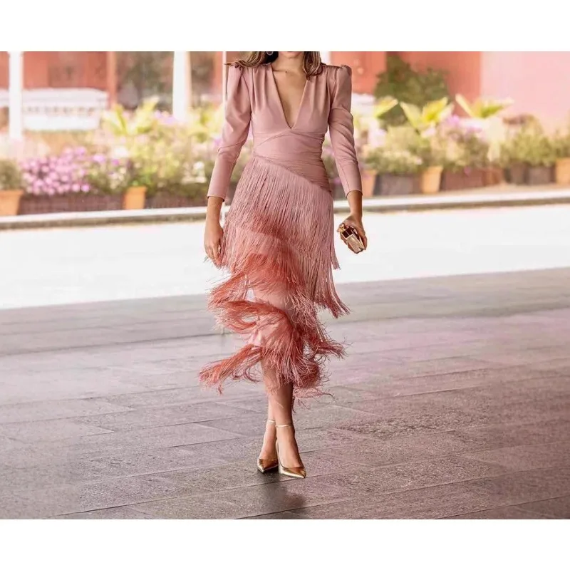 Élégant col en V profond mince robes de bal 2025 printemps solide épissé gland longue robe femmes à manches longues nouvelle automne Maxi robe