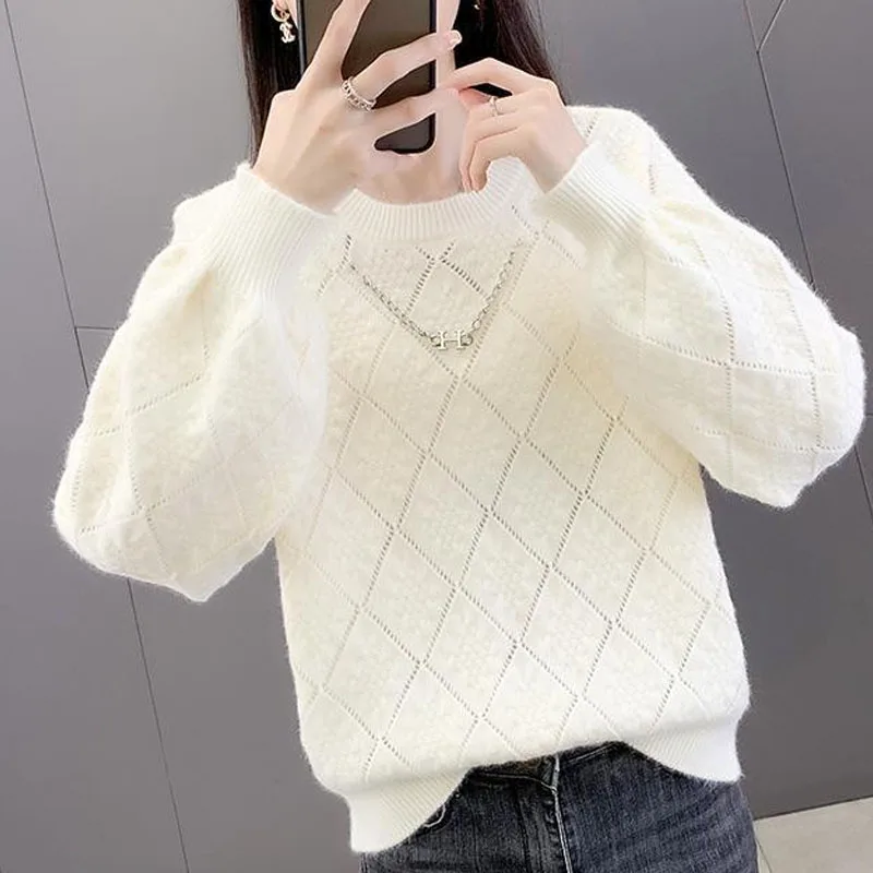 New Autumn/Winter Fashion Korean Edition Solid Jacquard Round Neck Loose and Versatile Foreigner Women\'s Long Sleeve Sweater