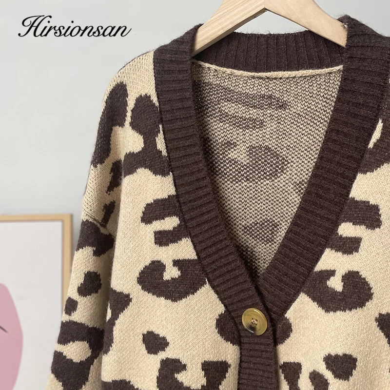 Hirsionsan Soft Knitted Leopard Cardigan Women 2023 Autumn New V Neck Y2k Crop Female Sweater Oversized Warm Ladies Clothes