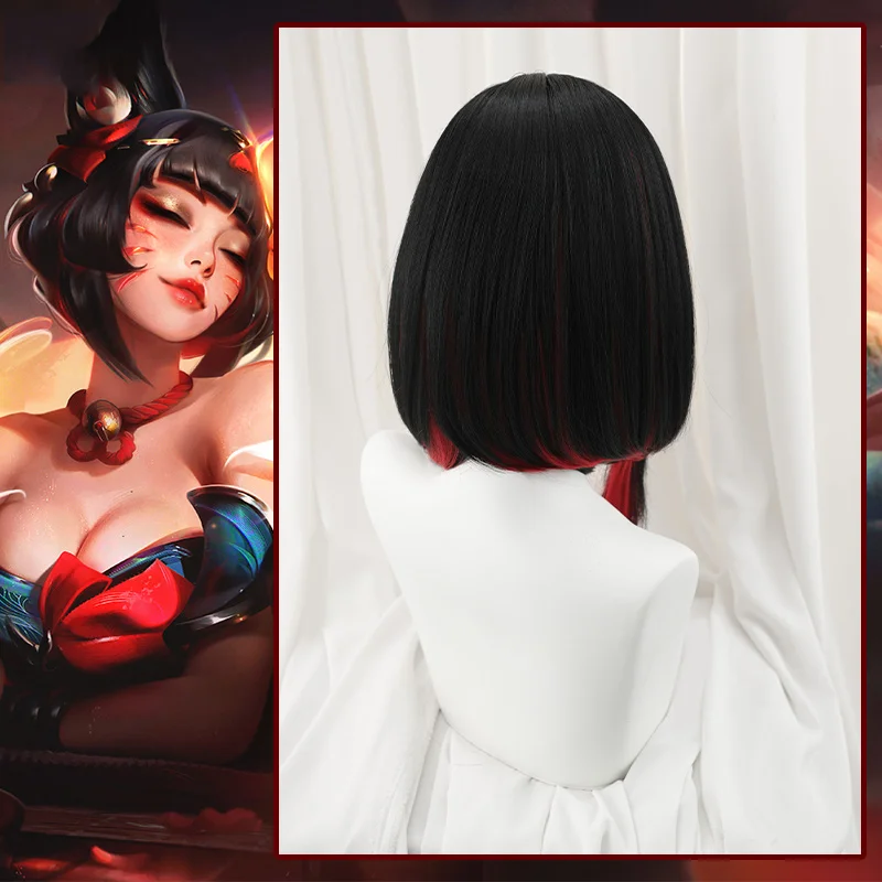 لعبة LOL بعد ساعات روح زهر الينابيع أهري شعر مستعار تأثيري أسود-أحمر مقاومة للحرارة الشعر الاصطناعية للنساء حفلة الهالوين