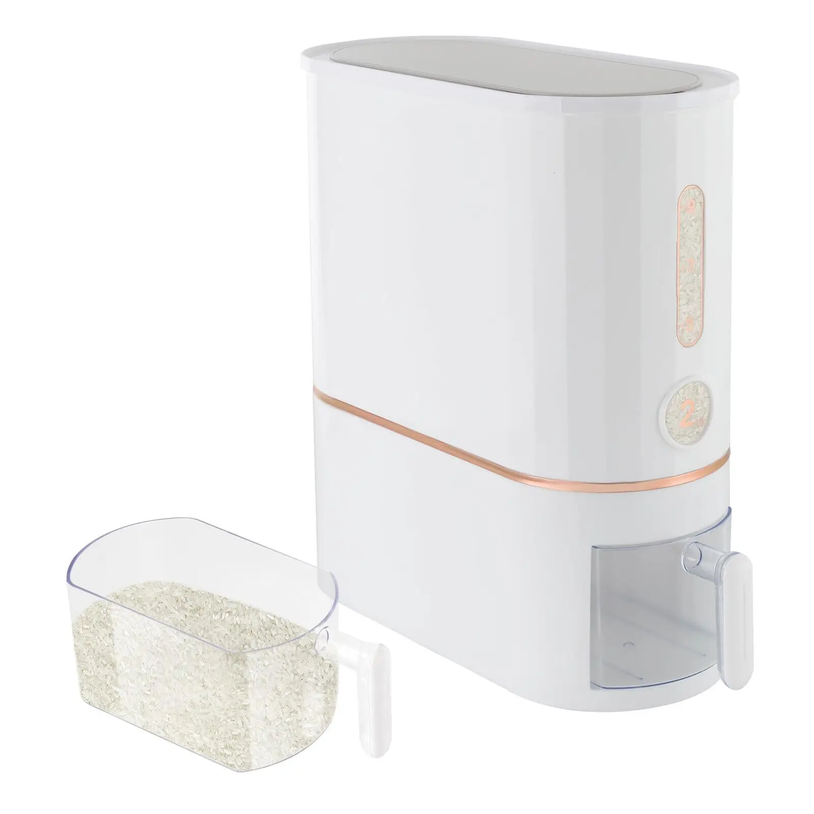 

Piojnyen Grain Dispenser with Cup 22lb Kitchen Pantry Dry Food Container for Rice Grain Storage..