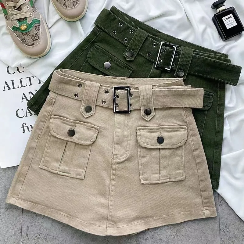 2026 Safari Style Khaki Green Denim Skirt Women's Short Pantskirts Summer Casual Sashes Slim Pocket Sexy Jean Skirts Streetwear