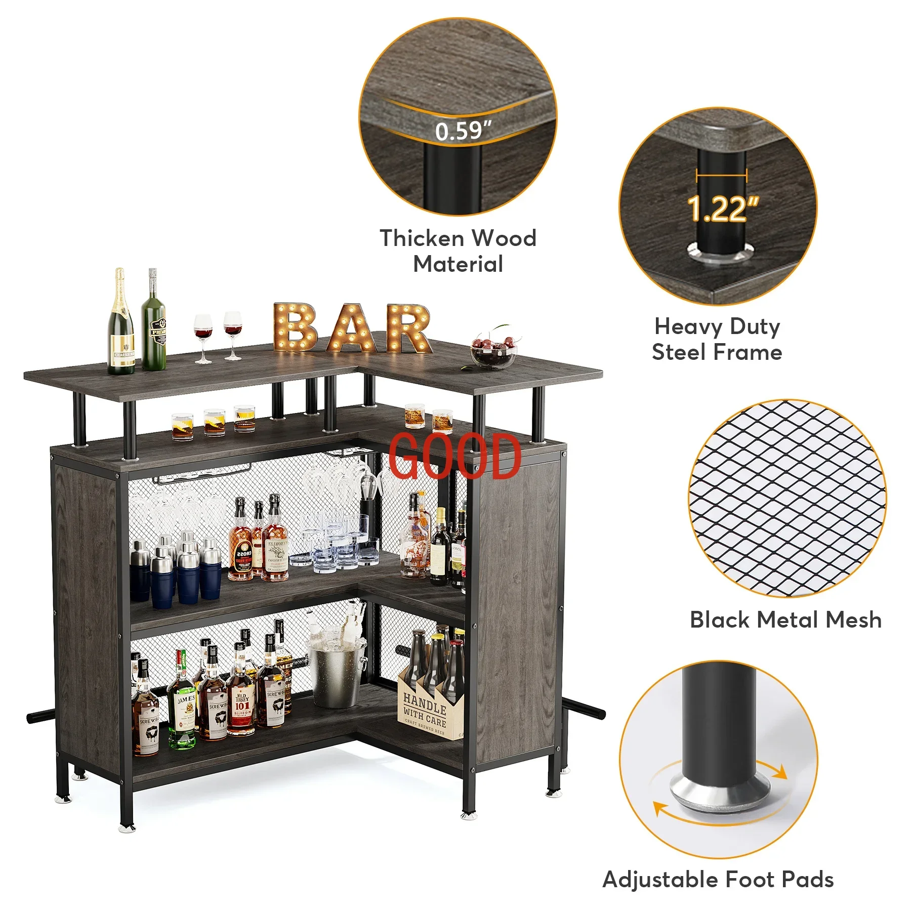 Tribesigns Home Bar Unit, L-Shaped Bar Table with Stemware Racks and 2-Tier Shelves, Corner Mini Coffee Liquor Cabinet