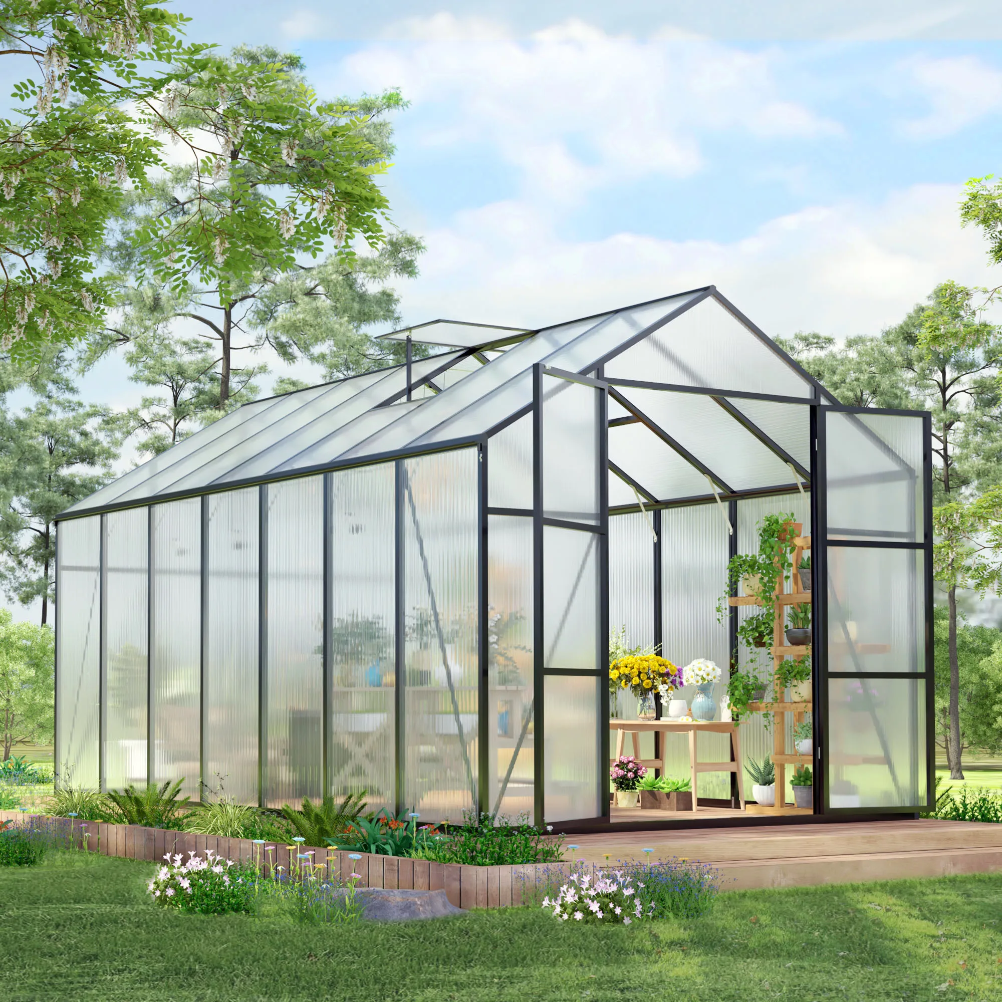 Outdoor Greenhouse, Large Walk-in Greenhouse With Vented Roof Window, Windproof Aluminum Frame Suitable For Gardening