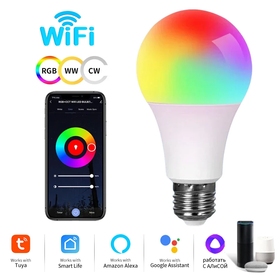 Tuya WiFi لمبة ذكية RGB LED مصابيح كهربائية 220 فولت 110 فولت 10 واط 15 واط 20 واط E27 LED مصباح الحياة الذكية APP أليكسا جوجل المنزل أليس التحكم الصوتي