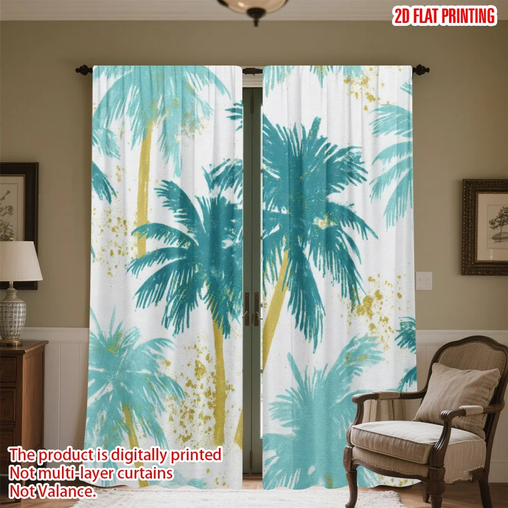 

2D flat printing 2pcs Curtain Teal Palm Trees Digital Printed Polyester Drapes Festive Holiday Perfect for Photo Booths & Events