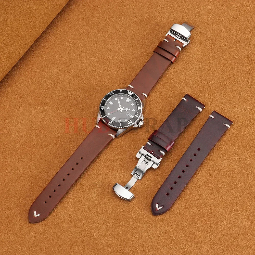 18mm 20mm 22mm Armband für Seiko Vintage Öl-Wachs-Leder Uhrenarmband Herren Damen Schmetterlingsverschluss Genähtes Rindslederband für Omega – Detail 8