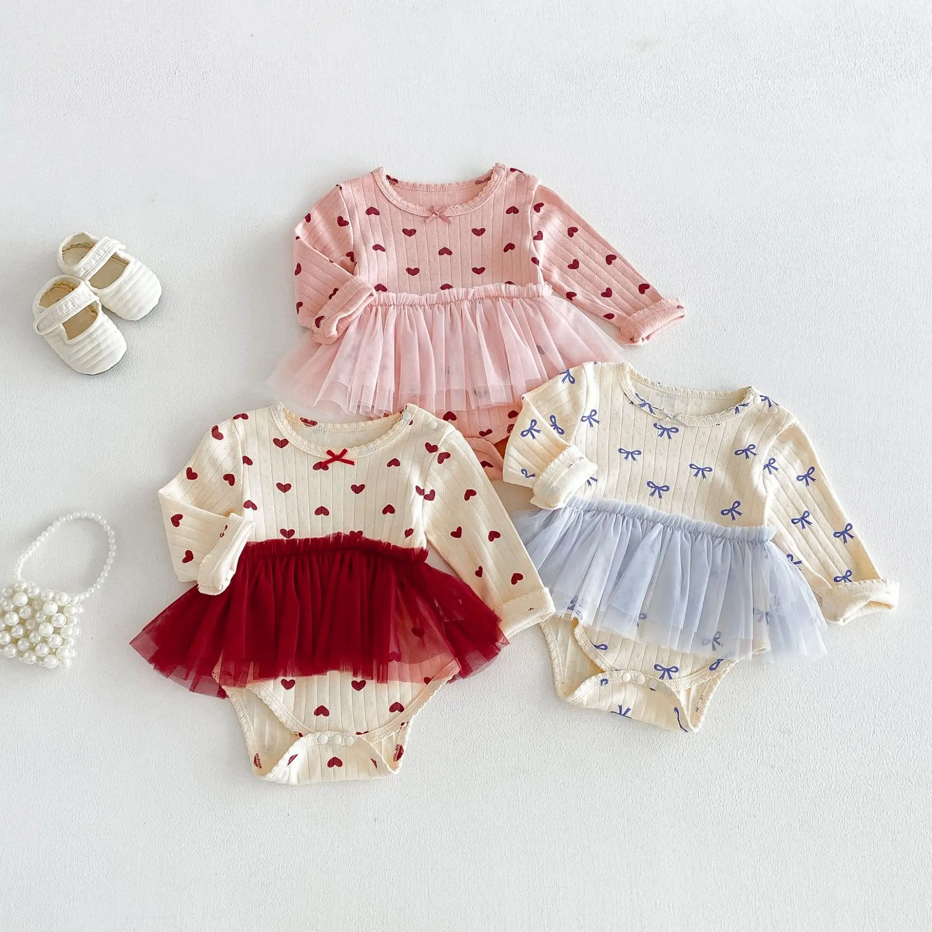 2026 Autumn Baby Bodysuits And One-pieces Heart Print Mesh Dress 0-24M Baby Girls Clothes Cotton Bodysuit For Newborn Outfit