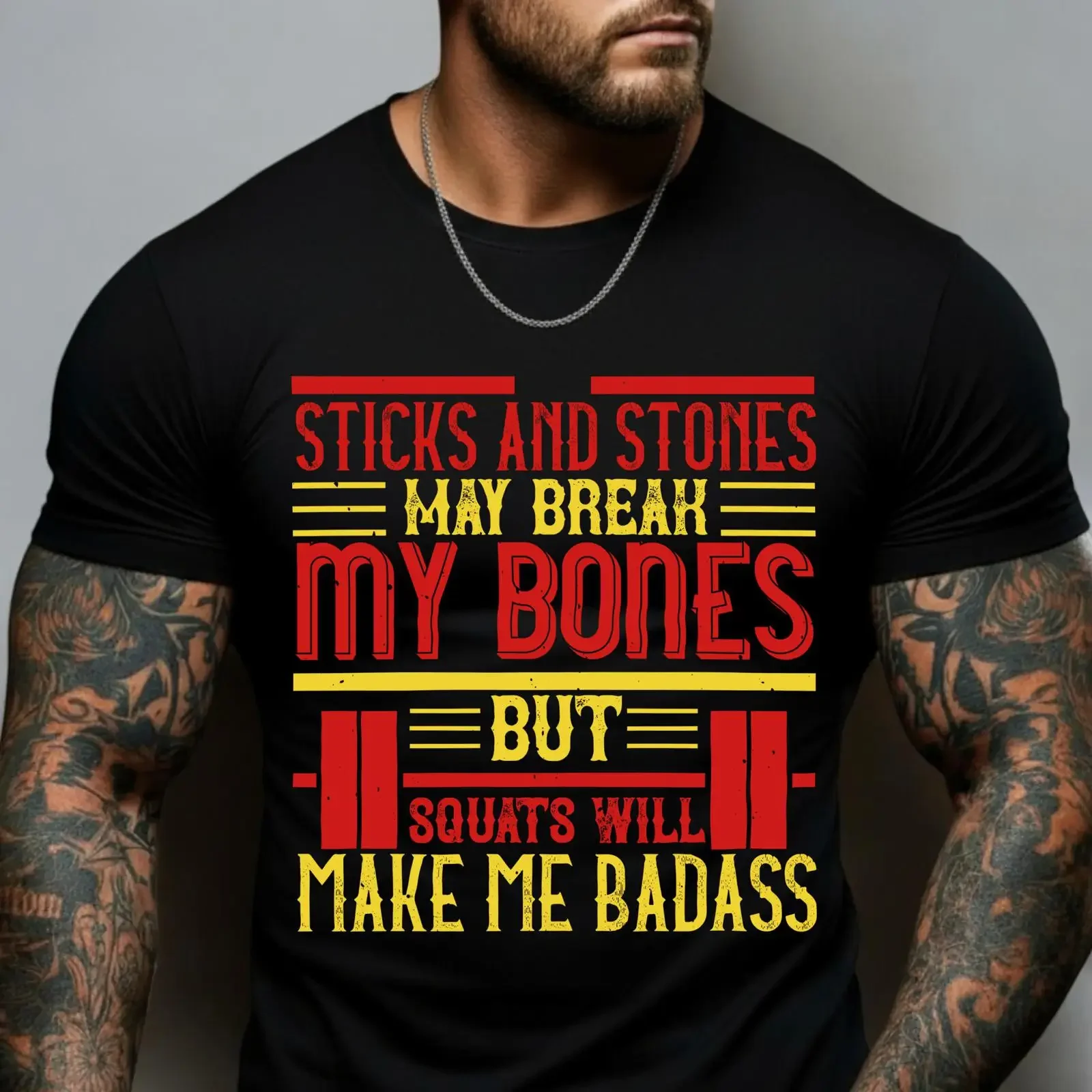 Men's Sticks and Stones Squats Quote T Shirt Funny Leg Day Gym Bodybuilding Workout  Fitness  vintage Washed designer clothes