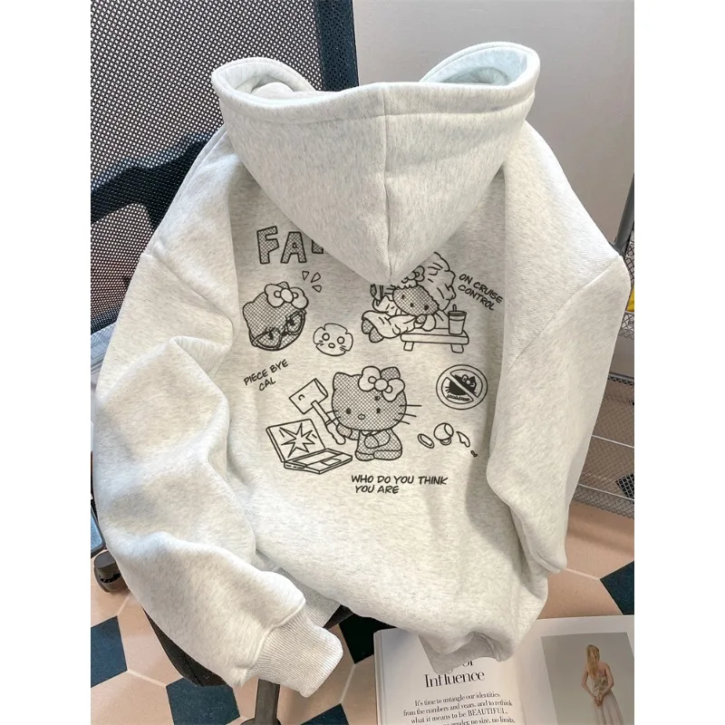 

Korean Autumn Winter Women's Hoodies Anime Fun Hello Kitty Clothing Print Hooded Sweatshirt Y2K Oversized 100％ Cotton Girls Coat