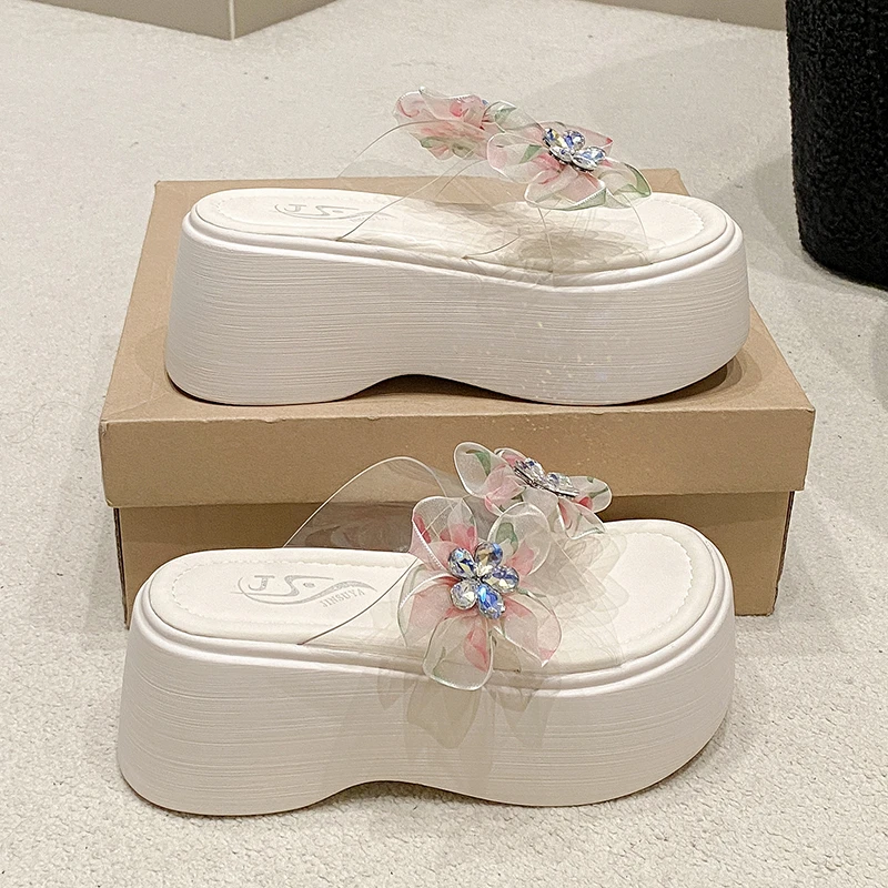 

New Women Summer Wedge Sandals Transparent Crystal Chunky Platform Slippers Shoes Woman PVC Flower Thick Bottom Sandalias