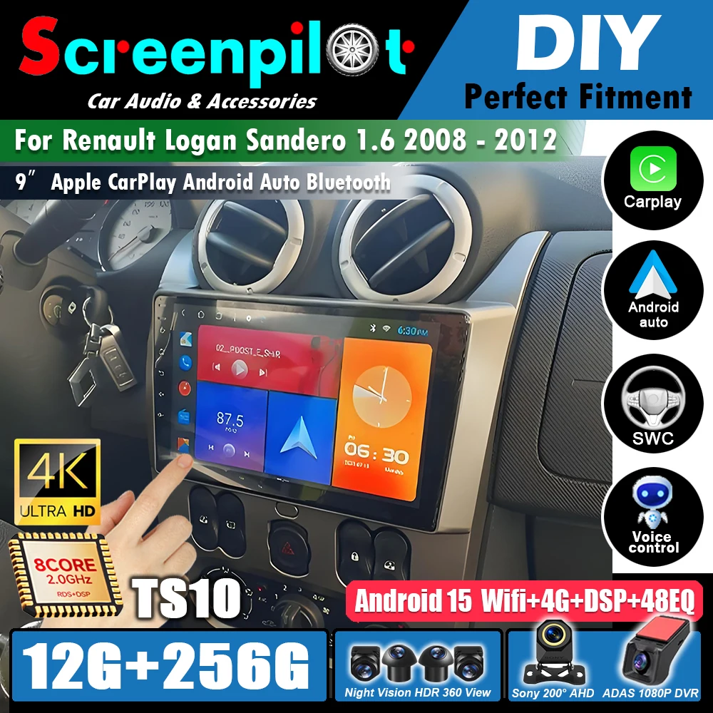 Radio para Auto Android 16 para Renault Logan Sandero 1.6 2008-2012, GPS, Navegación, Carplay Inalámbrico, DSP, Multimedia, Android Auto, WIFI 5G