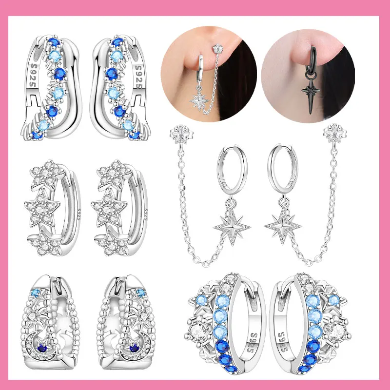 925 Sterling Silver Shiny Earrings for Women Gradient Blue Stars, Moon and Sun Hoop Earrings Wedding Anniversary Jewelry Gift