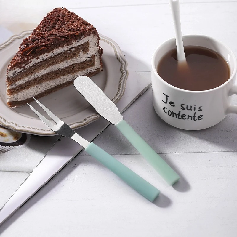 6PCS Fruit fork stainless steel moon cake knife and fork macaroon color fruit knife fork set dessert cake spread sauce knife.