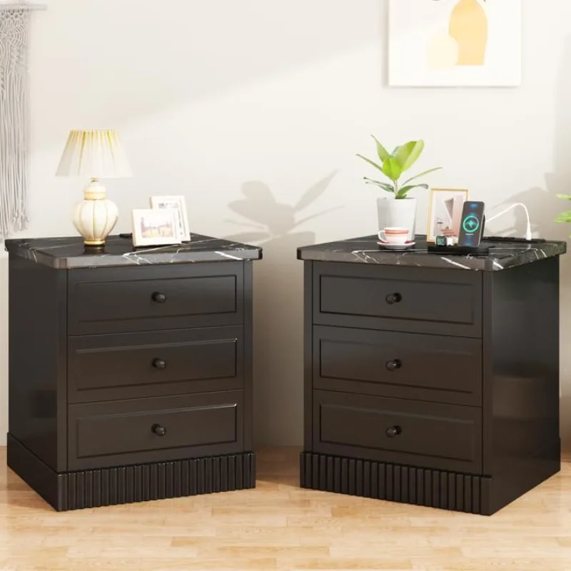 Nightstand Set Of 2 With Charging Station 3 Drawers USB Type-C AC Outlets Bedroom Side Table Black,Customized