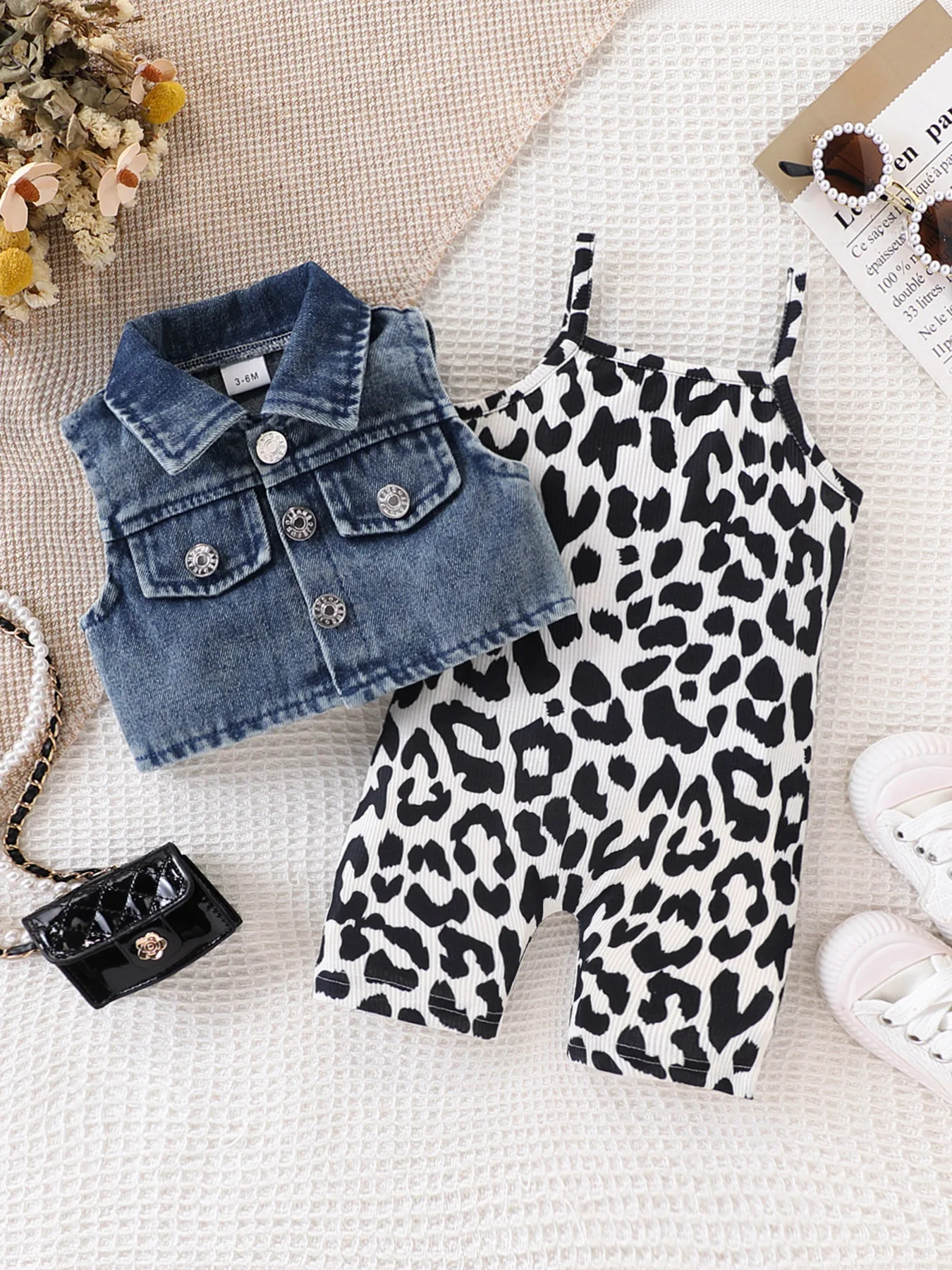 Trendy Denim Vest + Stretchy Ribbed Leopard Print Jumpsuit Shorts, Stylish Two-Piece Set for Boys and Girls